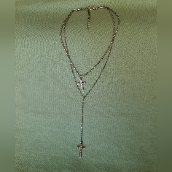 Double Cross Sterling Silver Drop Necklace - Picture 3 of 10